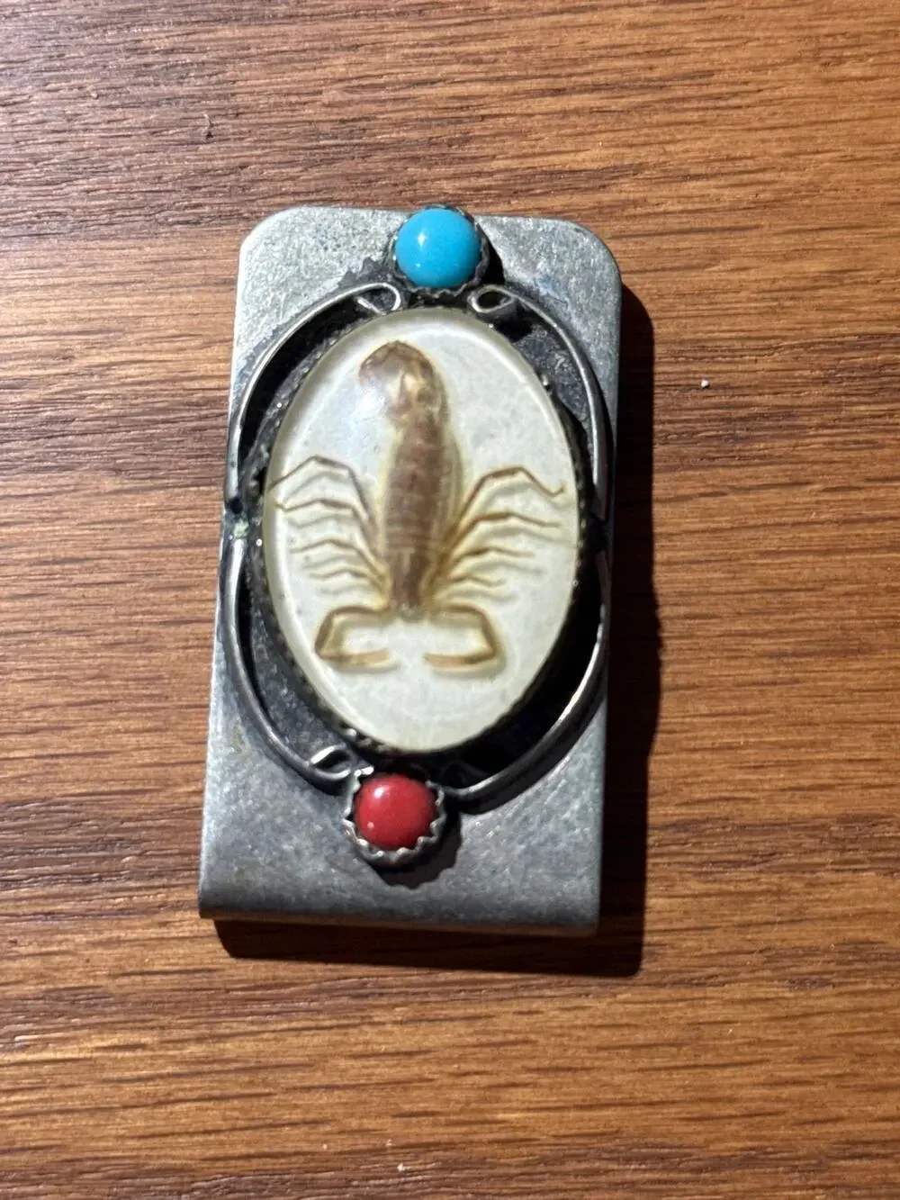Vintage Southwestern Scorpion Money Clip Turquoise Coral Color Accents